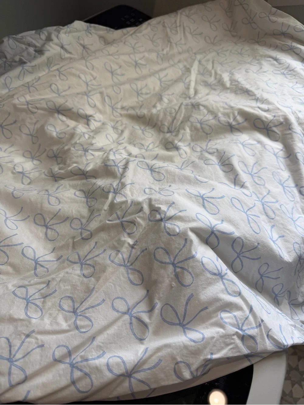 PB Teen, Queen Size Cotton Bow-Print Sheet Set, Blue SEE Photos